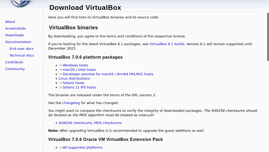 Скриншот страницы загрузок VirtualBox, пункт Linux distributions.