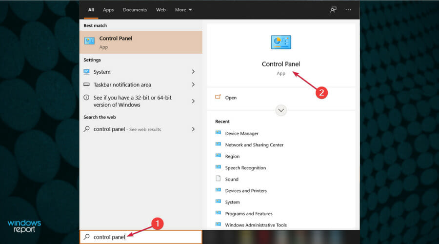 Поиск «Панель управления» в Windows