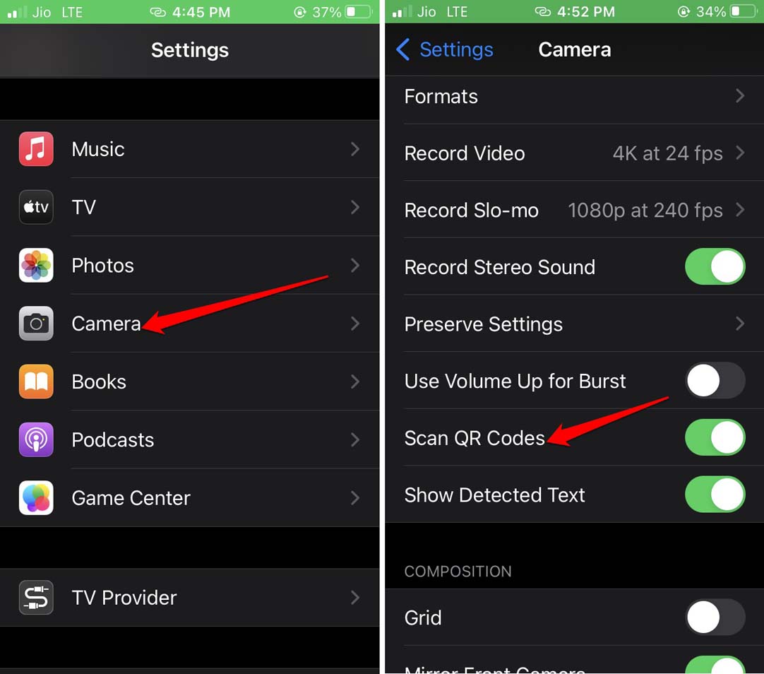 Включение сканирования QR-кодов в настройках камеры iPhone