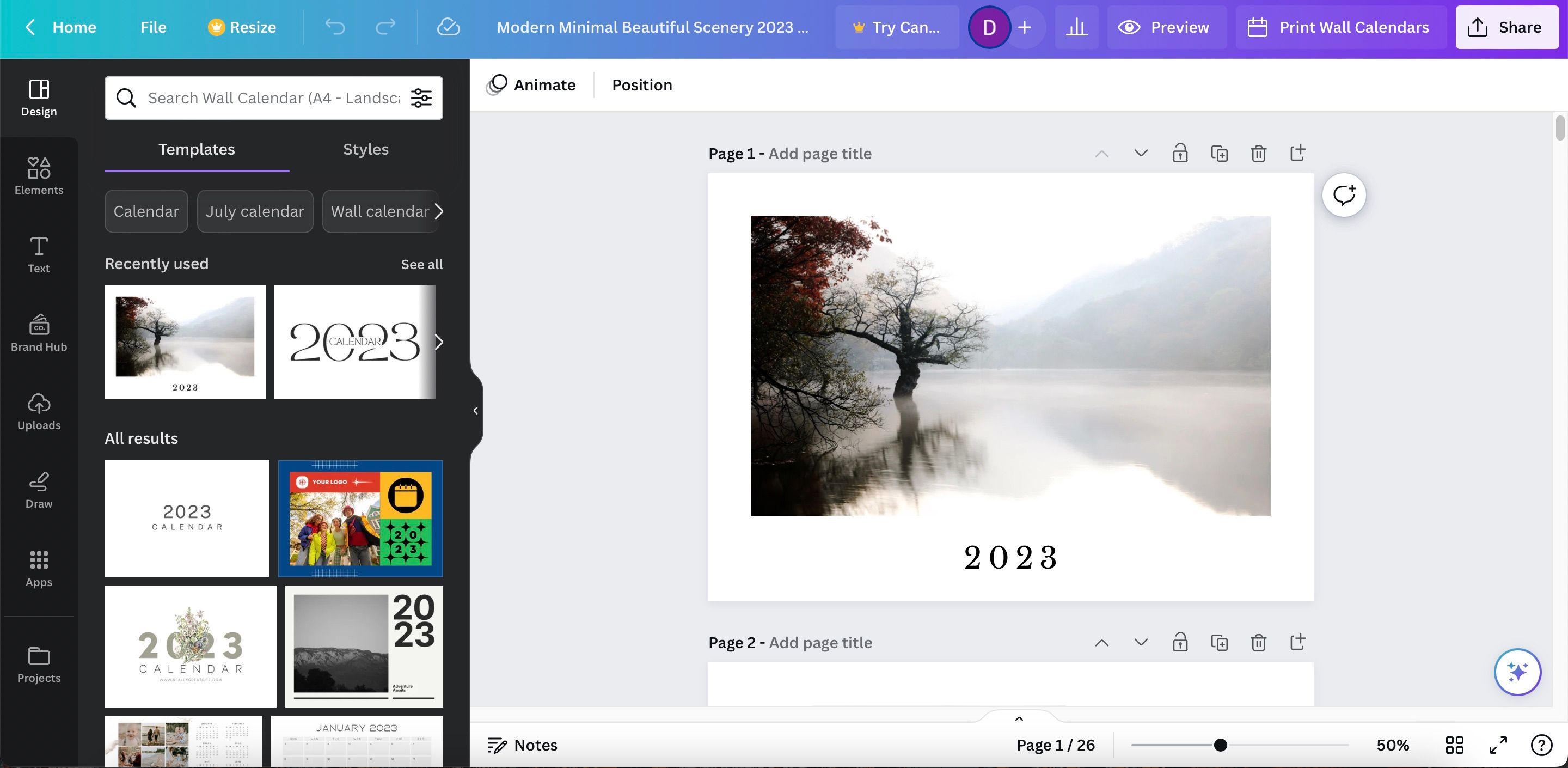 Инструмент Print Wall Calendars в Canva