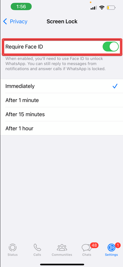 Включите Требовать Face ID в настройках WhatsApp