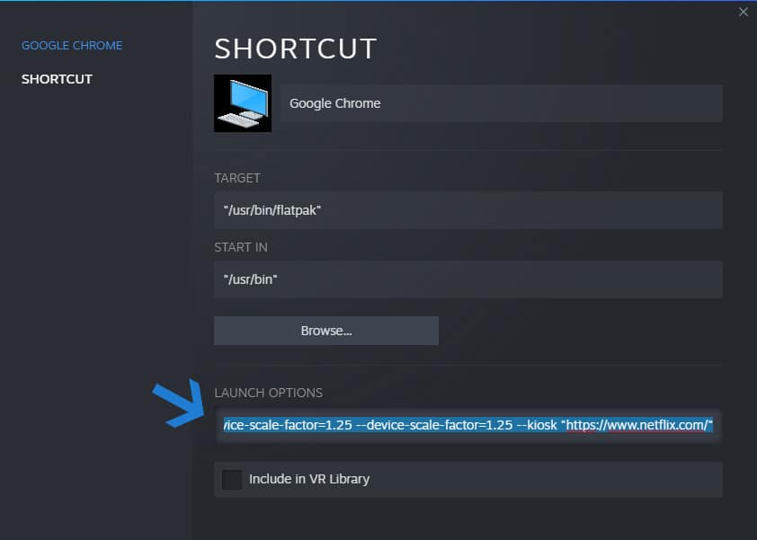 Поле параметров запуска в свойствах Steam