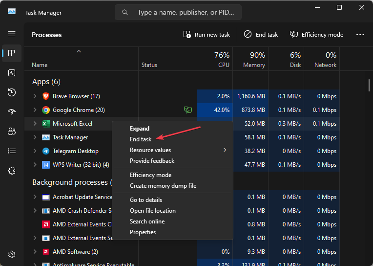 Завершение процесса Excel в Диспетчере задач