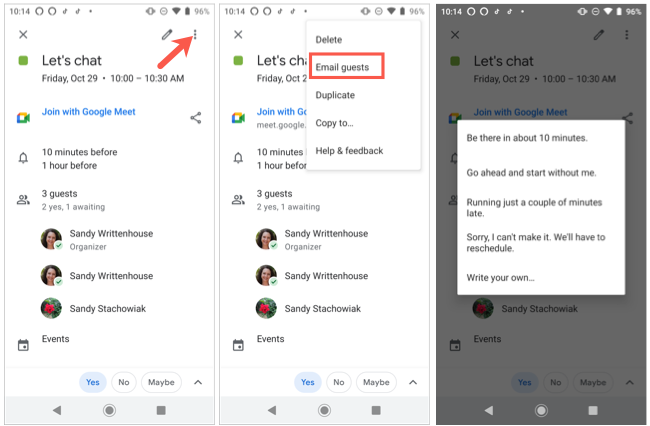 Интерфейс отправки письма гостям в Google Календаре на Android