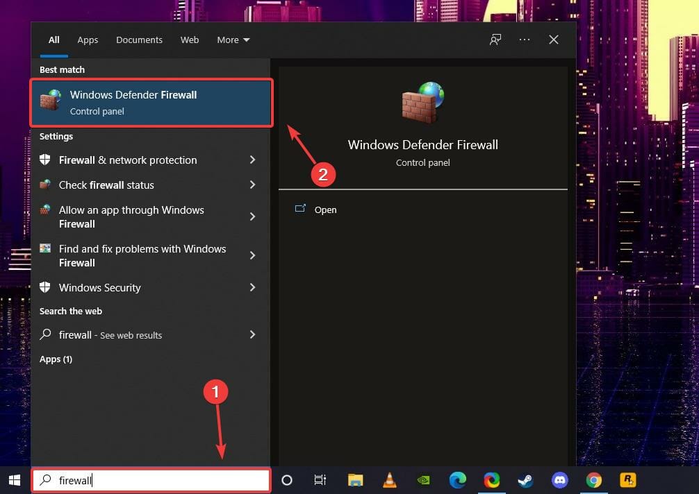 Окно поиска 'Брандмауэр' в Windows
