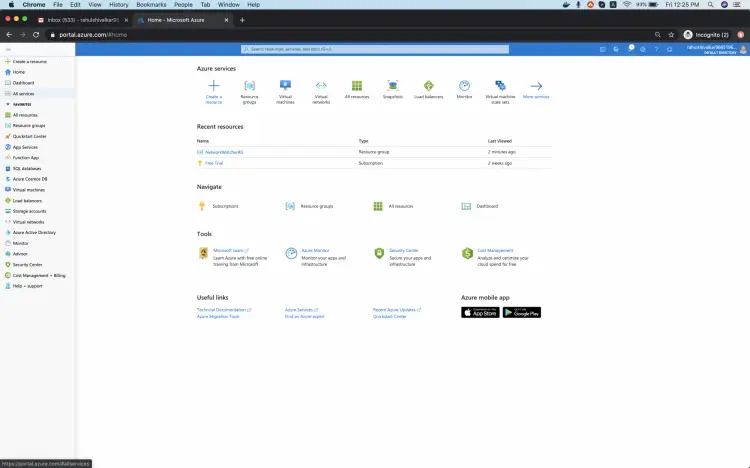 Меню All services в портале Azure