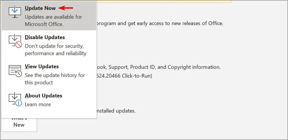 Кнопка Update Now в Office