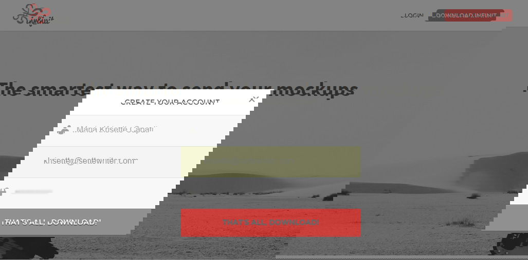 Всплывающее меню Infinit и поле входа в аккаунт