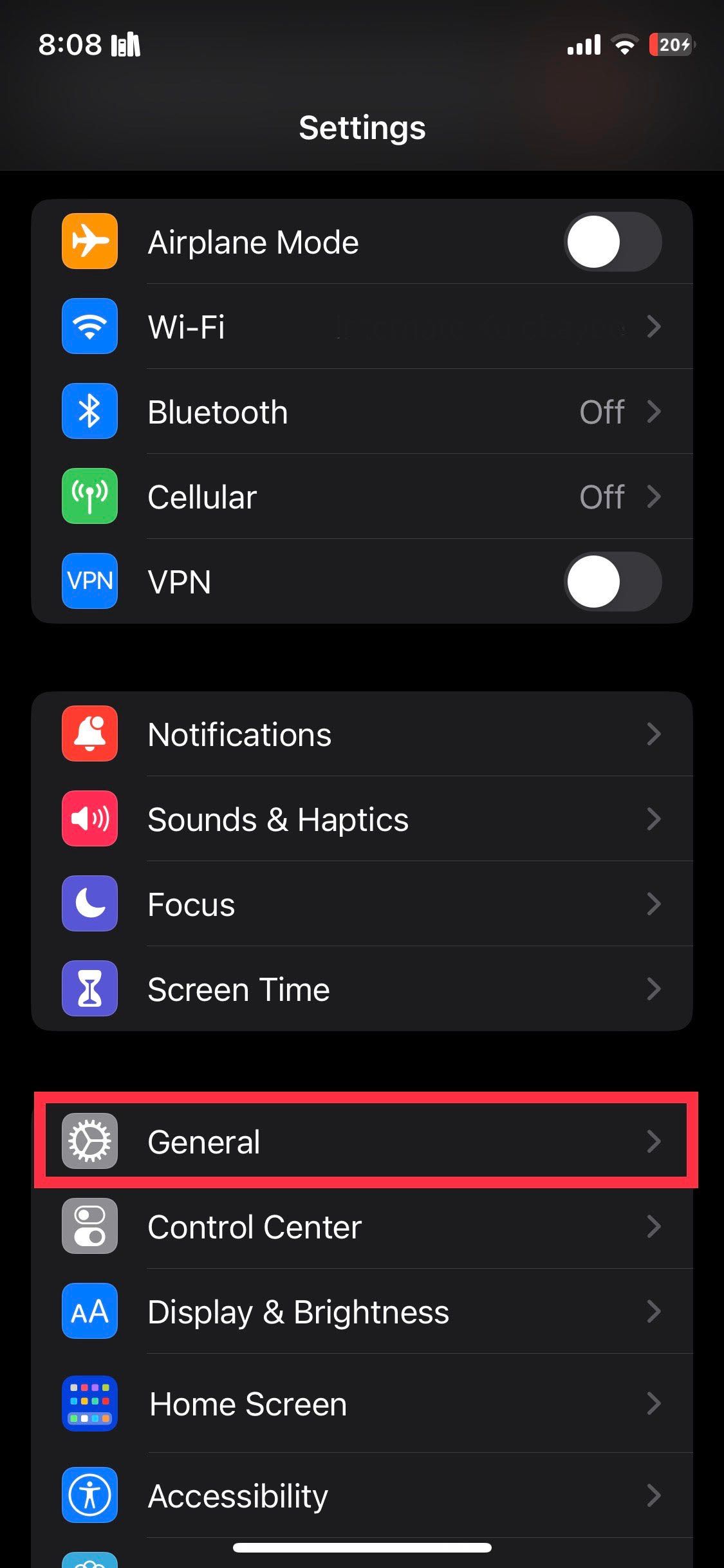 Меню настроек iPhone