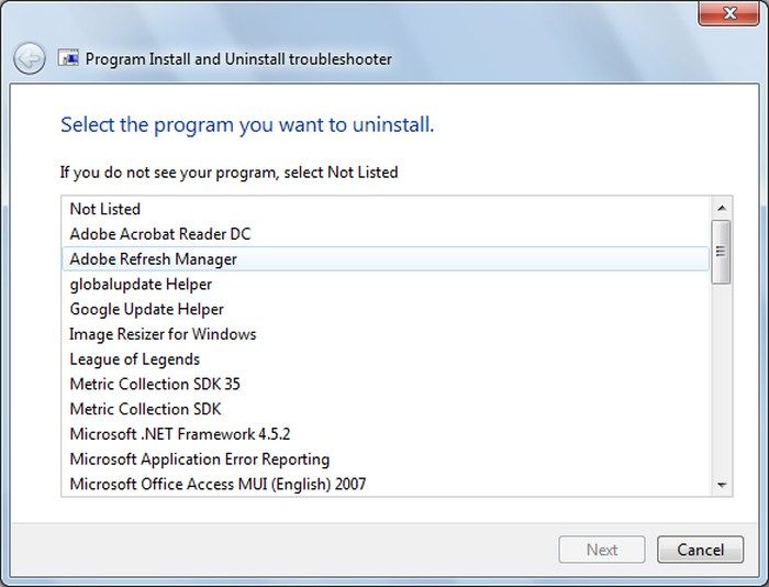 Esempio di selezione dell'applicazione nell'assistente Microsoft