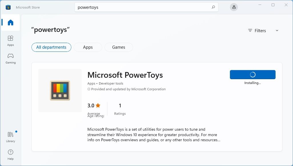 Установка PowerToys через Microsoft Store