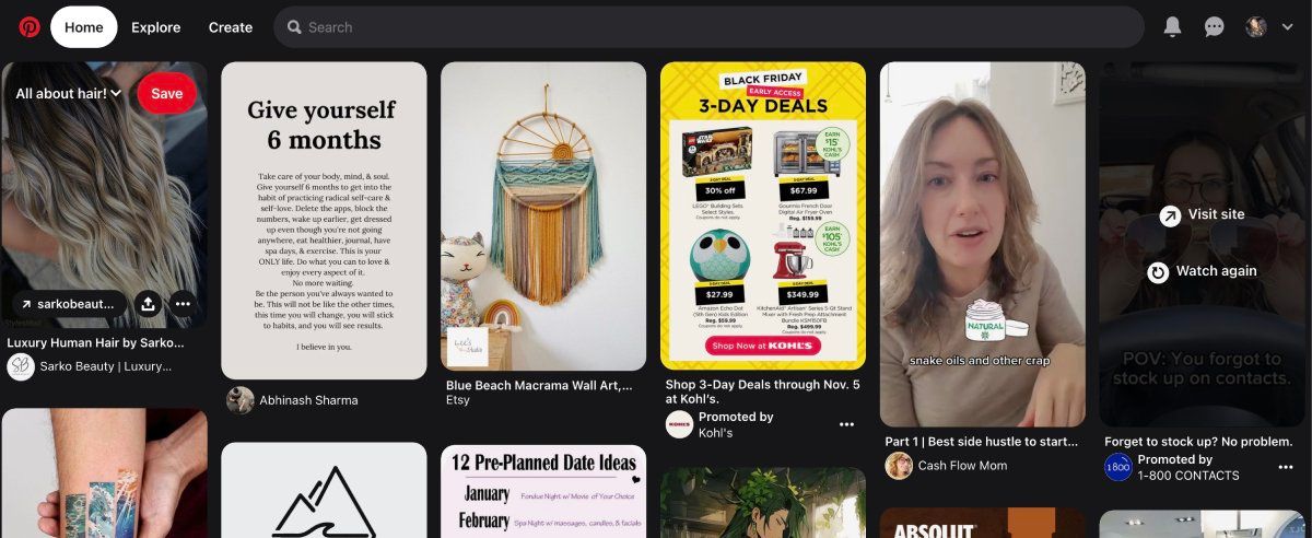 Pinterest website main page with dark mode enabled