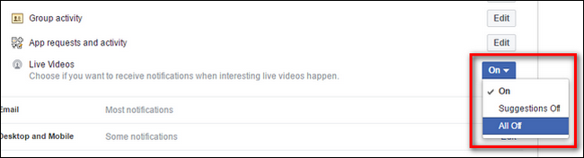 Меню выбора для Live-видео со значением Все выкл