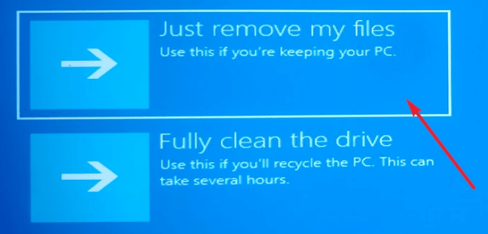 Selezione metodo di rimozione dei file durante il reset