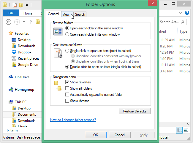 Вкладка «Вид» в Параметрах папок с кнопкой «Применить к папкам»