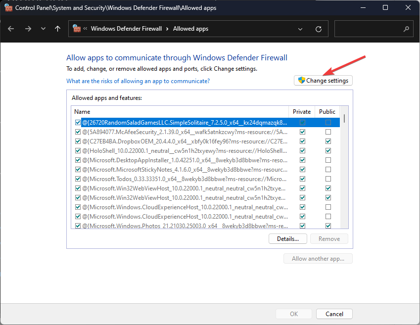 Кнопка 'Изменить параметры' в брандмауэре
