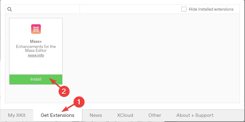 Вкладка Получить расширения в окне XKit