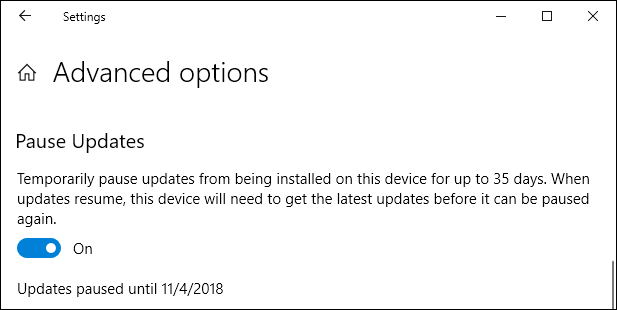 Окно с информацией о паузе обновлений и сроках