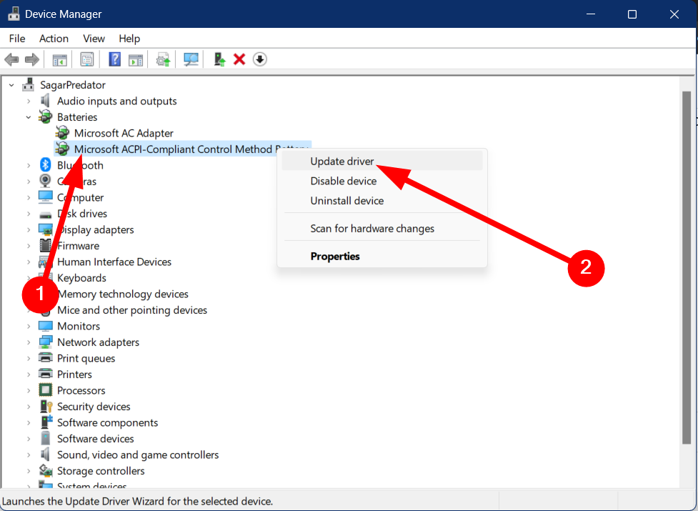 Контекстное меню обновления драйвера батареи