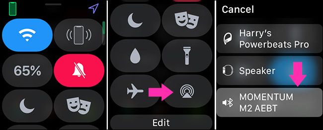 Control Center Apple Watch: выбор источника звука