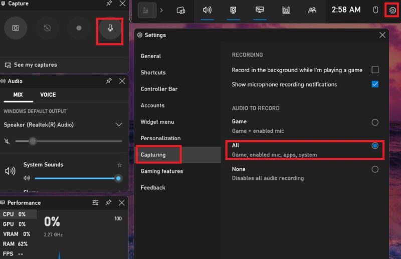 Раздел «Захват» в Xbox Game Bar
