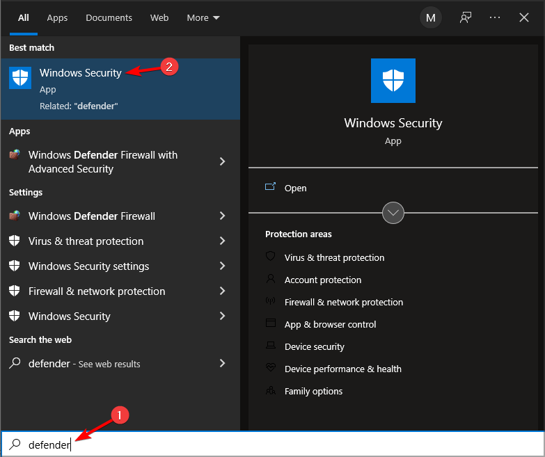 Скриншот поиска Windows Defender в меню Пуск