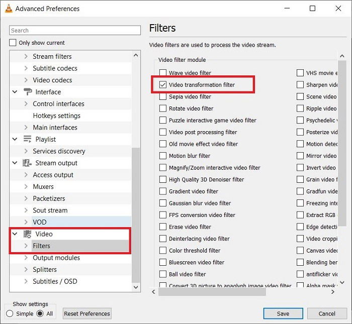 Опция Video transformation filter в настройках VLC