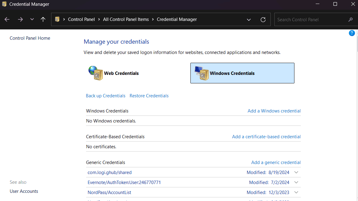скриншот списка учётных записей Windows в диспетчере учётных данных
