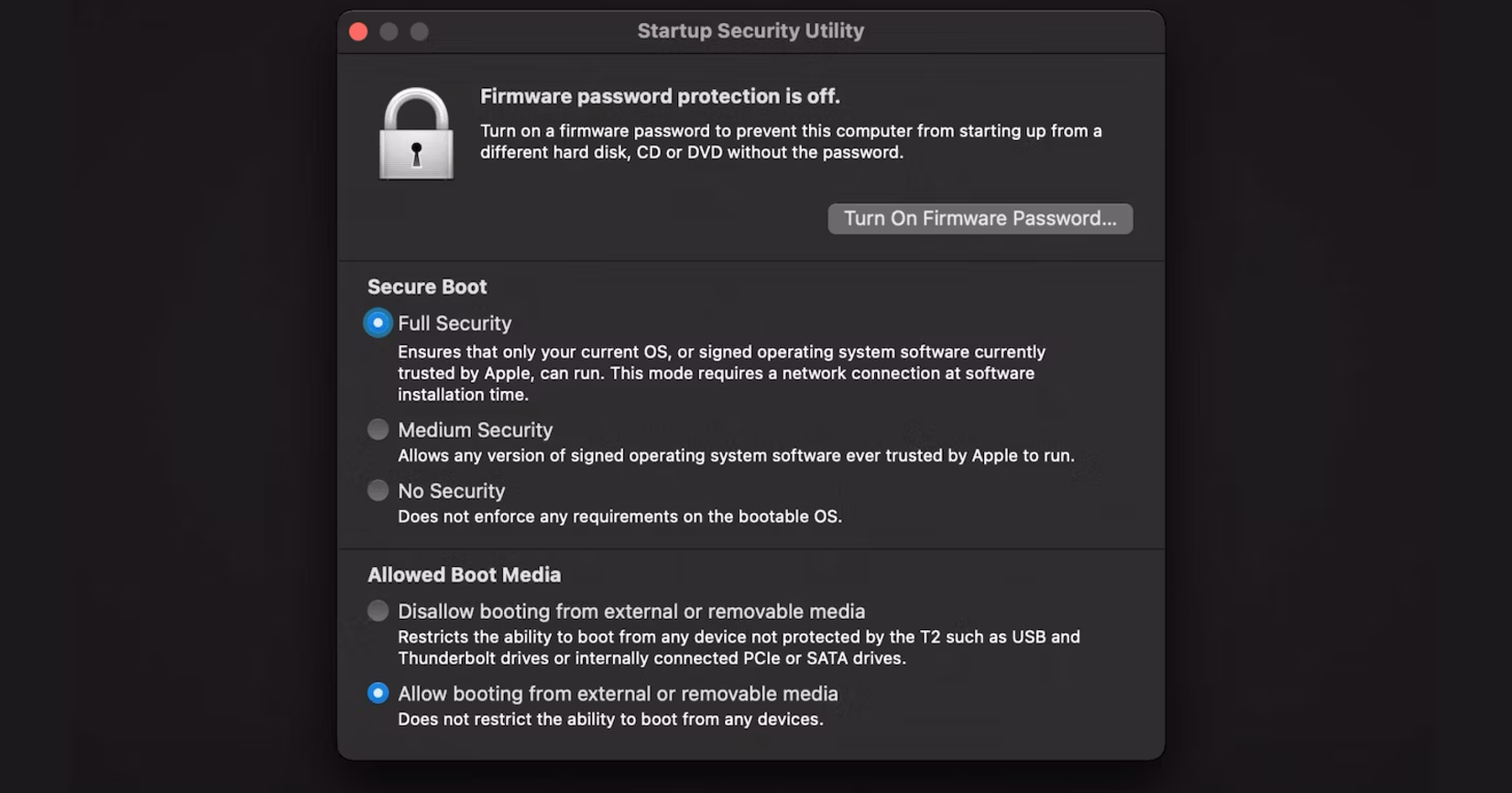 Снимок окна Startup Security Utility в macOS