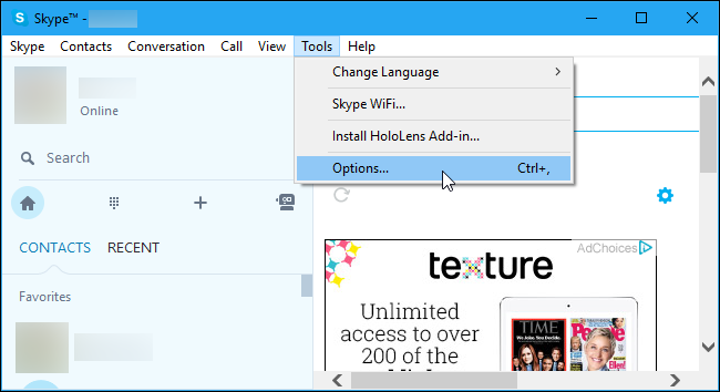 Меню Tools и Options в классическом Skype