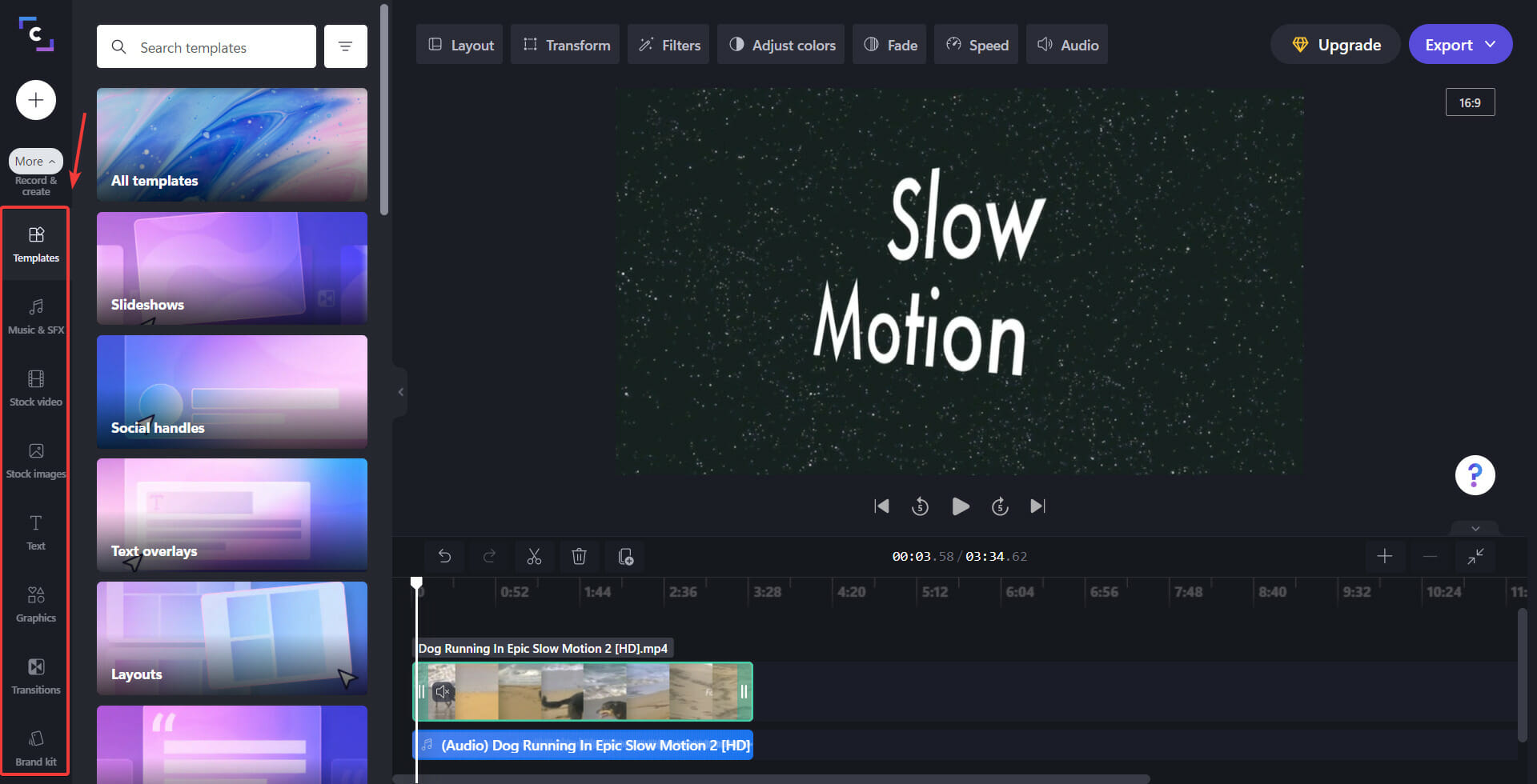Левая панель: шаблоны, текст, аудио, эффекты