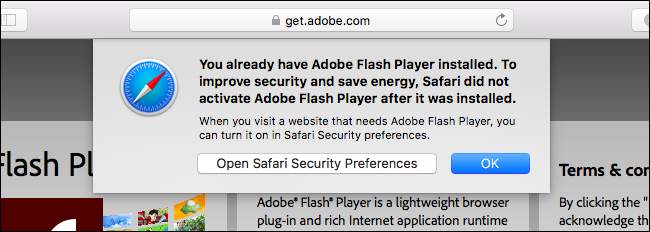 Окно настроек плагинов Safari в macOS — выбор поведения для Adobe Flash Player