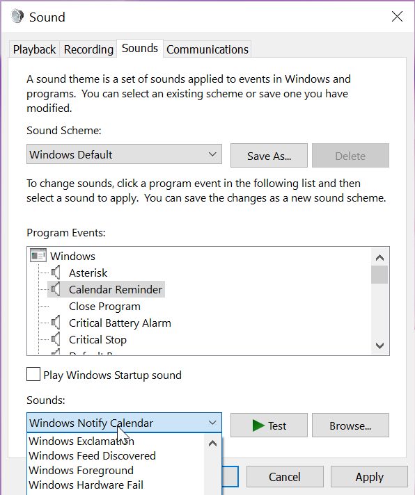 Настройка звуков программ в списке Program Events