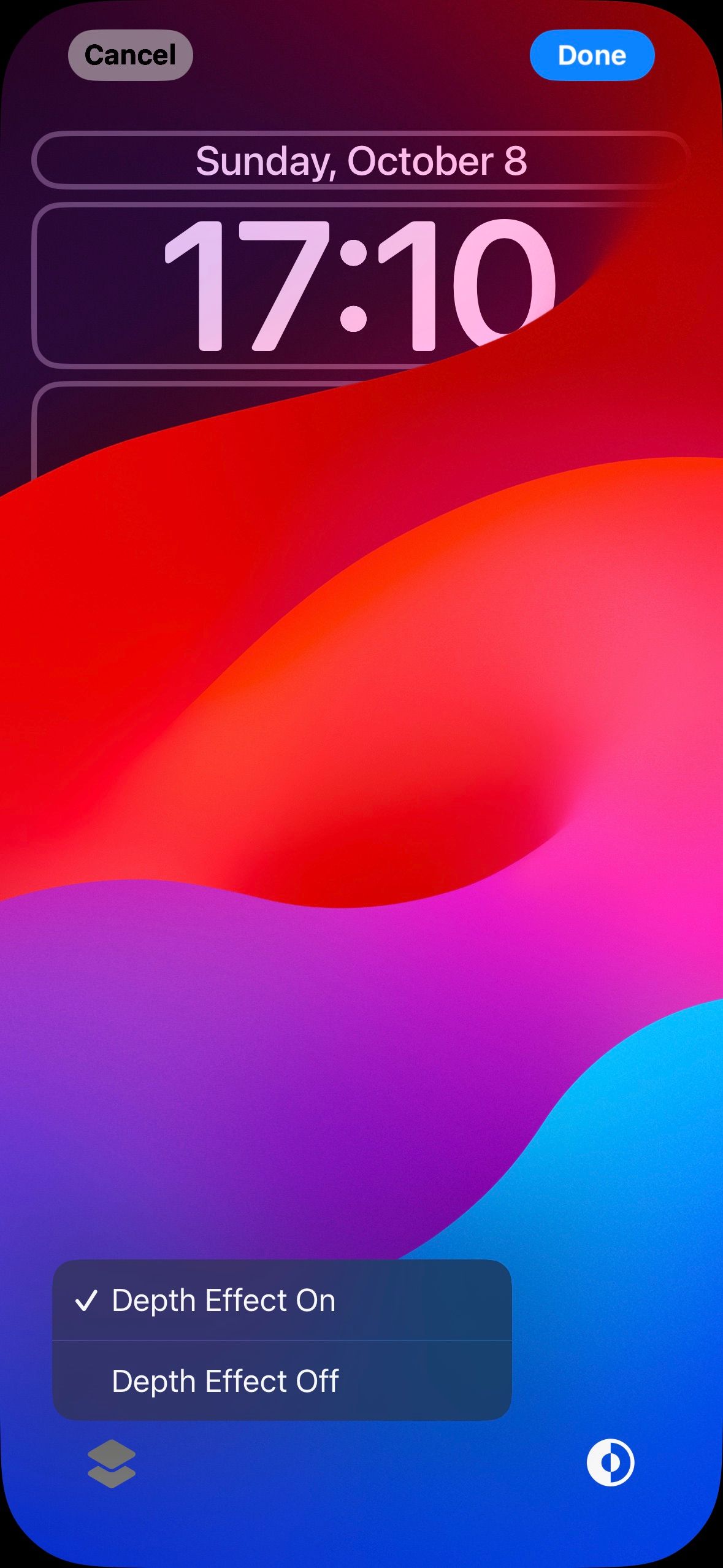 подменю для включения или отключения глубинного эффекта на экране блокировки