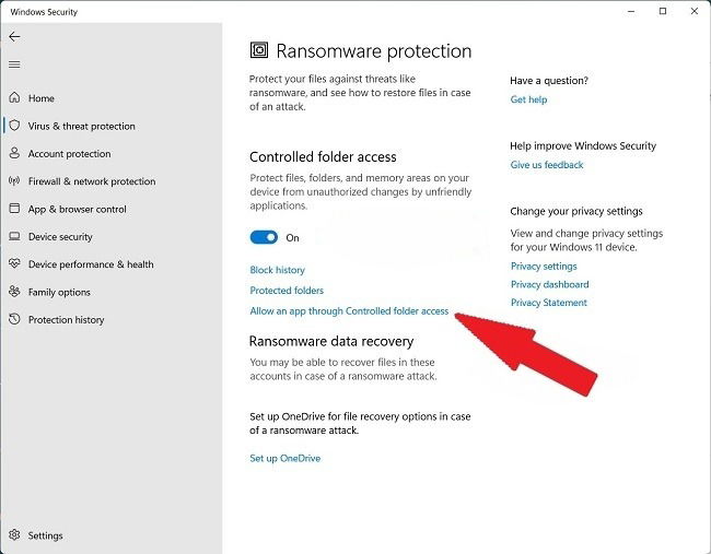 Schermata Consenti app attraverso Controllo accesso cartelle