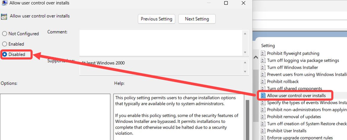 Отключение опции управления установками пользователем в Windows.