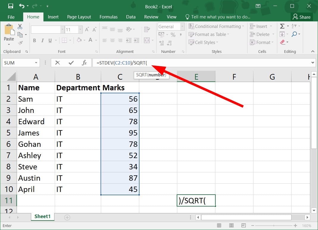 Добавление функции SQRT в формулу