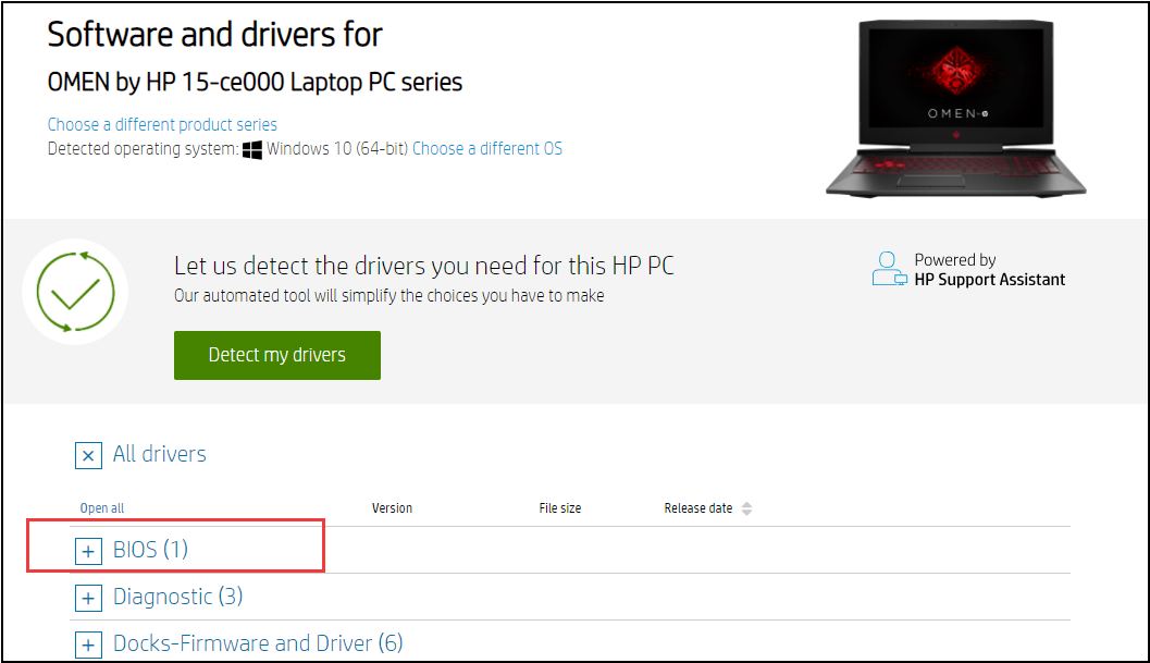 Список доступных драйверов и BIOS на странице устройства HP