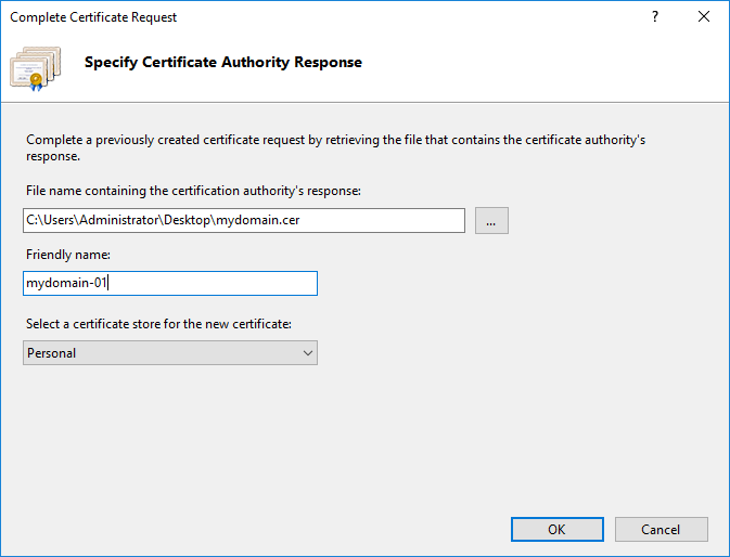 Окно Complete Certificate Request в IIS