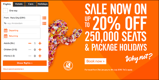 Главная страница авиакомпании с рекламой распродажи