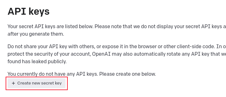 Кнопка создания нового секретного ключа ChatGPT