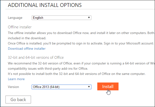 Кнопка «Установить» для загрузки установочного файла Office 2013