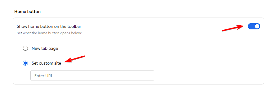Окно настроек Edge — включение кнопки «Главная» и ввод URL