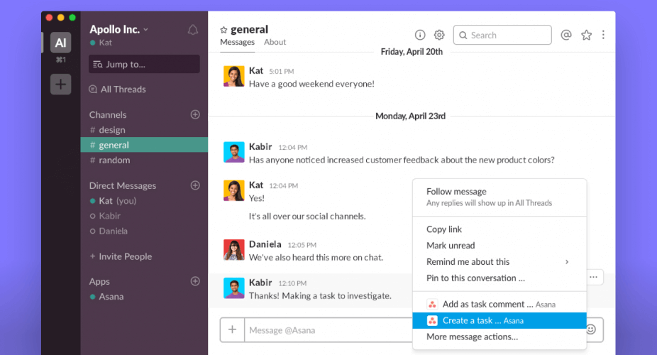 Opzione Create a task nel menu di Slack per trasformare messaggi in task