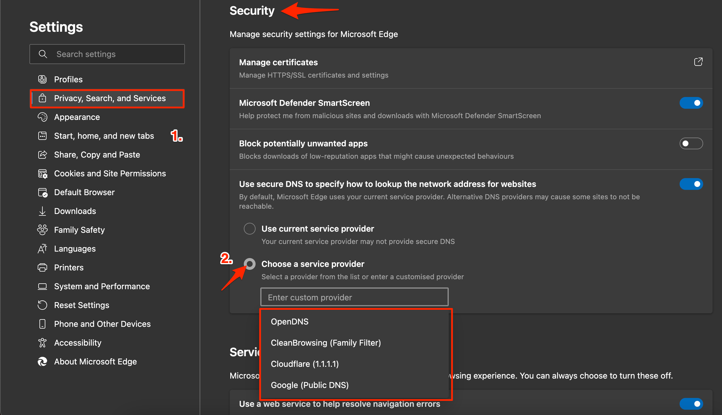Выбор поставщика DNS в Edge