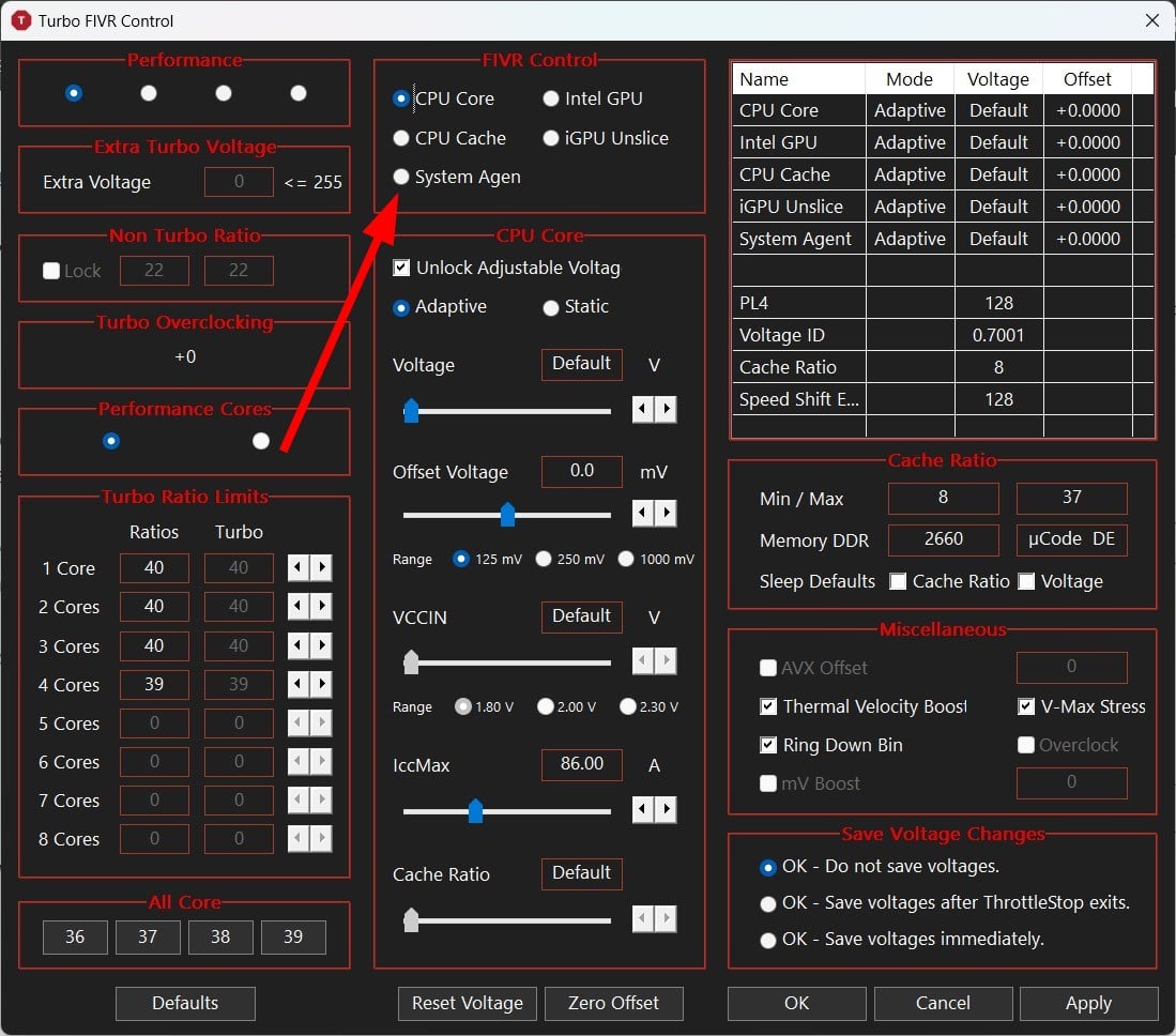 Снимок: пример изменения значений CPU Core/Cache/iGPU в ThrottleStop