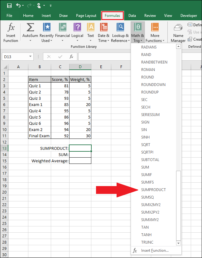 На вкладке Формулы выберите Математические, затем SUMPRODUCT