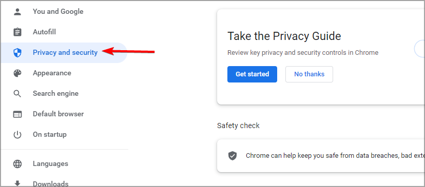 Раздел «Конфиденциальность и безопасность» в настройках Chrome