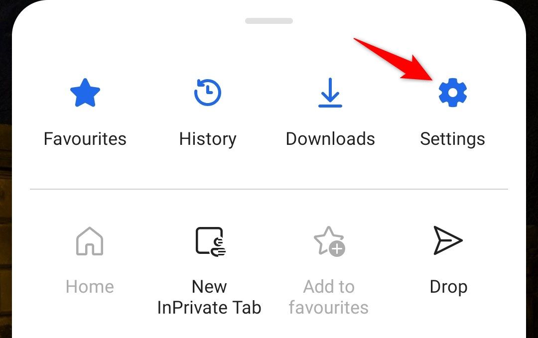 Пункты меню в мобильном Edge с выделенным Настройки.