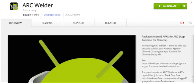 ARC Welder в каталоге Chrome Web Store — кнопка установки